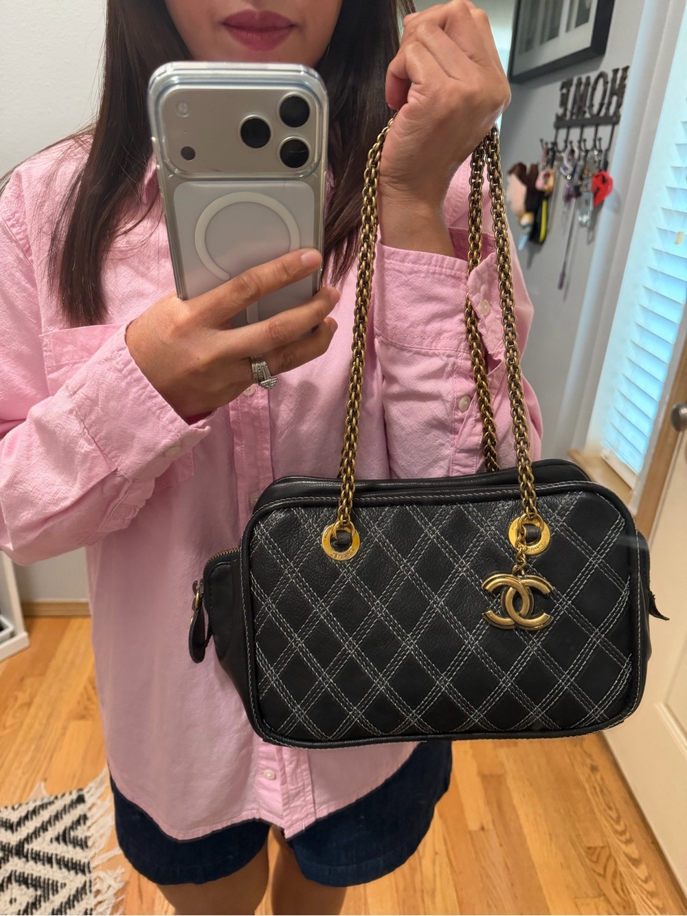 Chanel Black calfskin and bijoux Gold hardware white stitch  Shoulder Bag